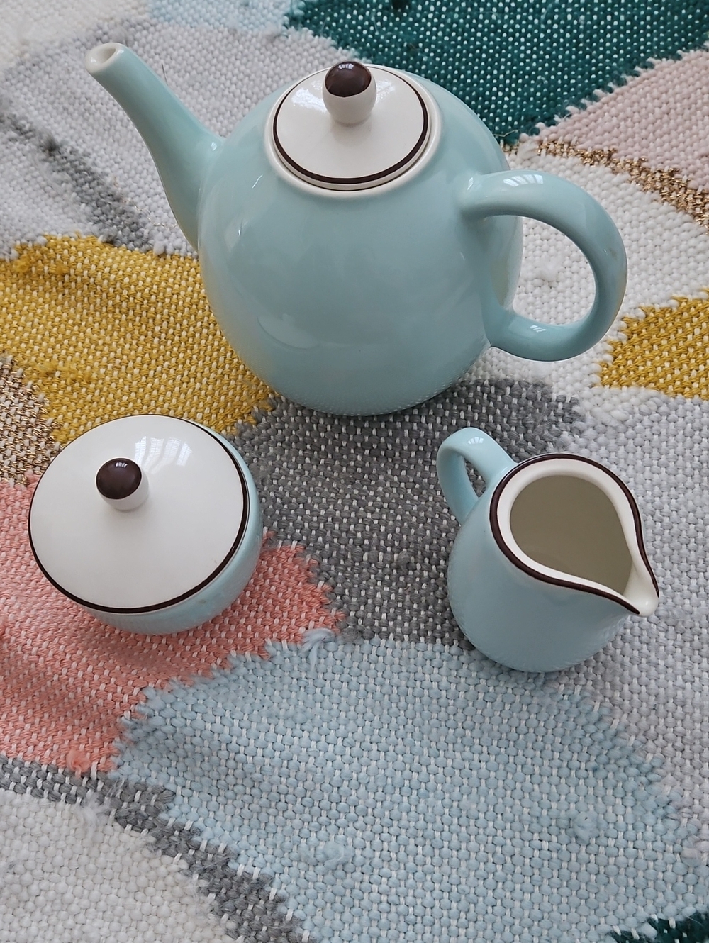 Light Blue Ceramic Teapot Set with Cream Accents - Home Kitchen